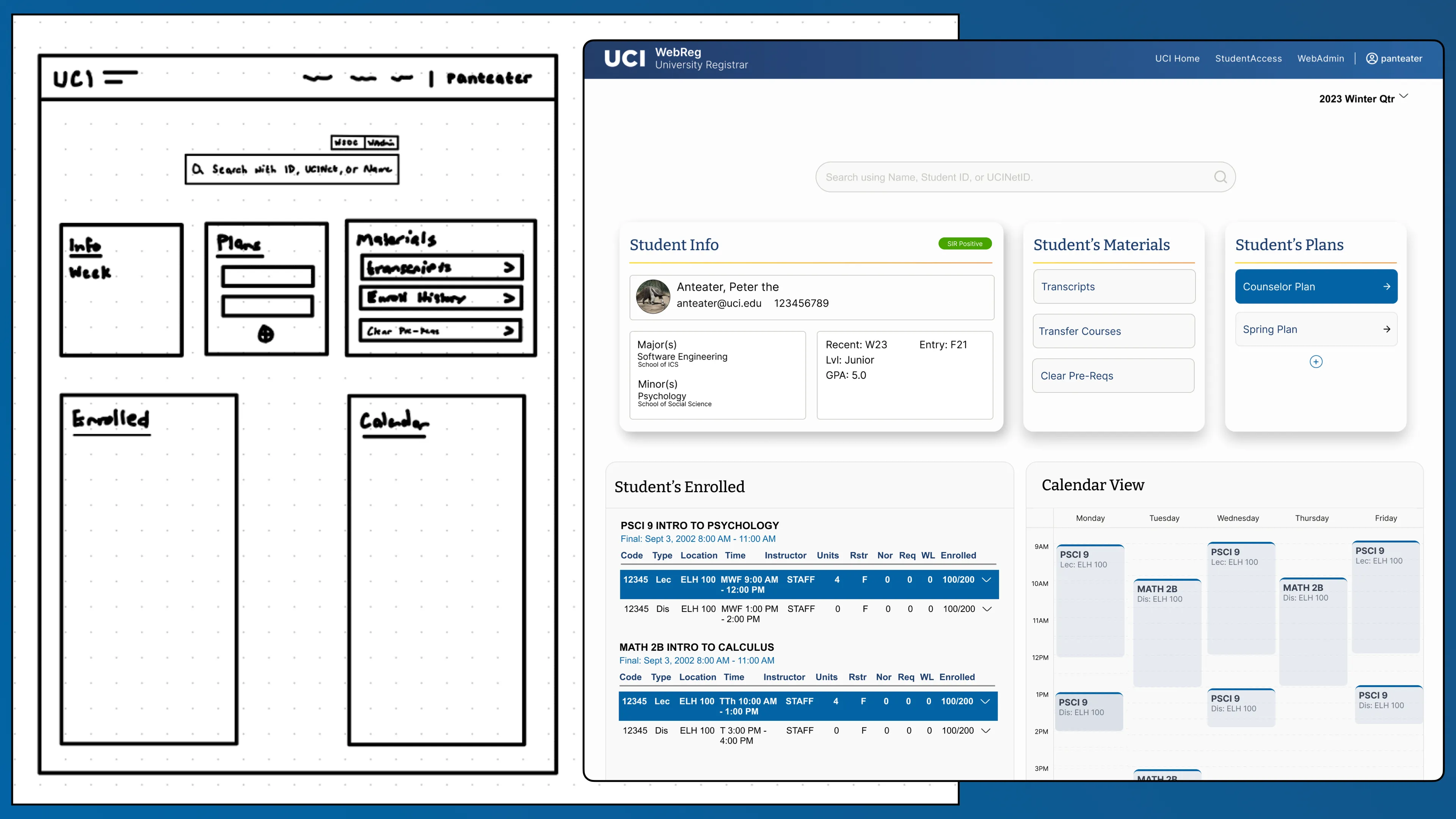 A wireframe on the left of Counselor View, Figma design on the right of Counselor View