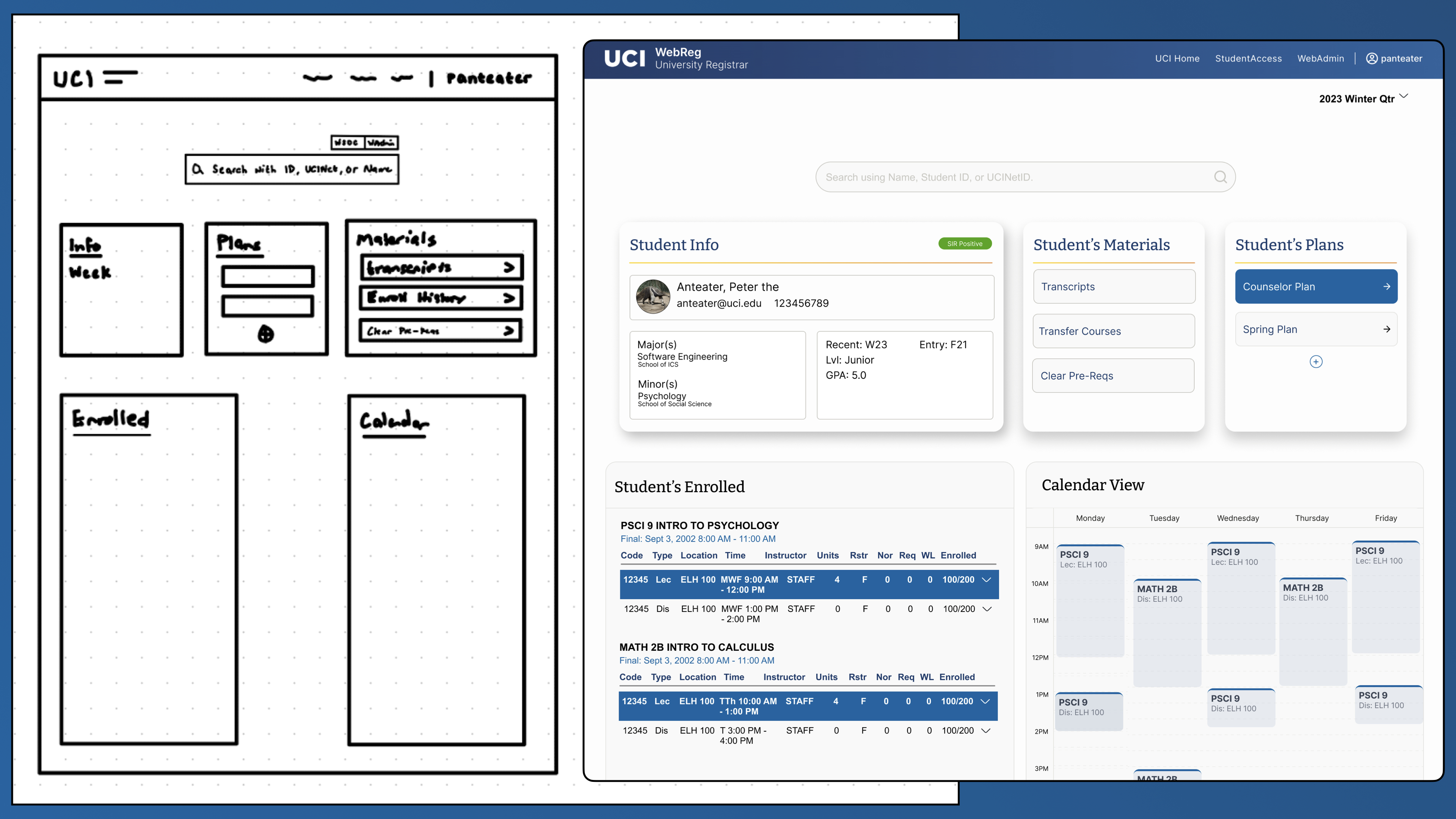 A wireframe on the left of Counselor View, Figma design on the right of Counselor View